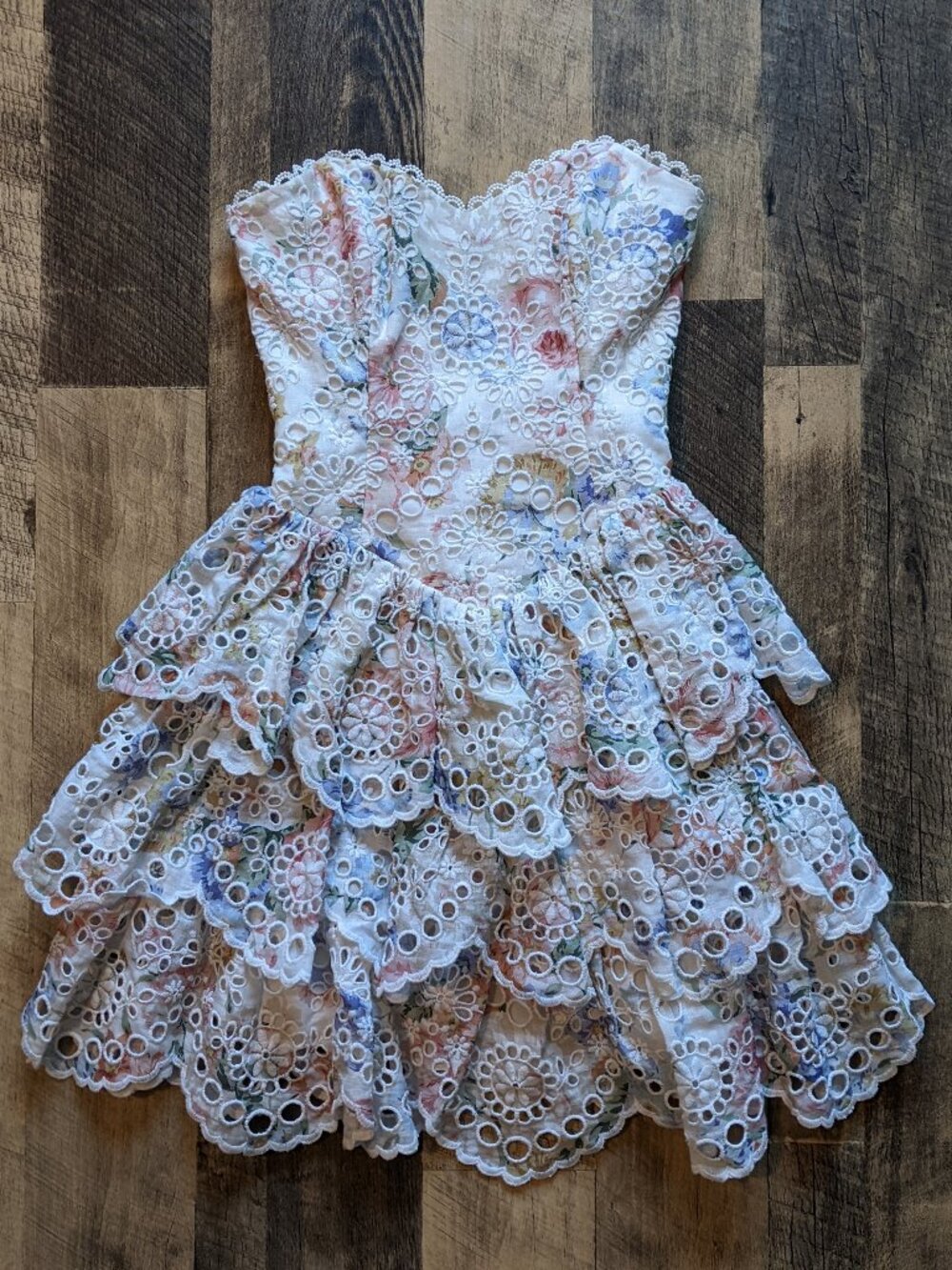 Zimmermann Bowie Ruffle Mini Dress Strapless Floral Linen Broderie Anglaise - Picture 2 of 9